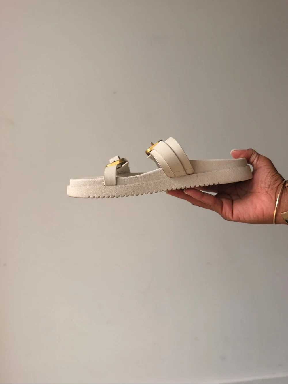 Steve Madden Cream Slide Sandals with Gold Buckles